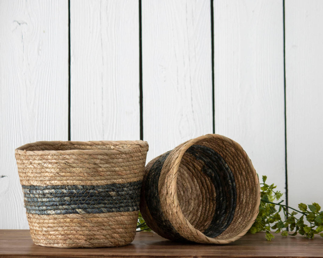 Set of 2 Blue Stripe Natural Baskets Large
