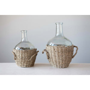 7-1/2" Round x 10"H Glass Bottle in Woven Seagrass Basket w/ Handles
