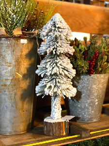 Snow flocked pencil tree